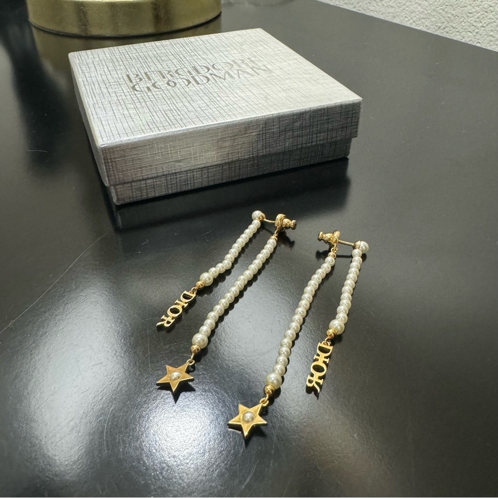 Christian Dior Tribales Pearl Strand Logo Earrings Gold